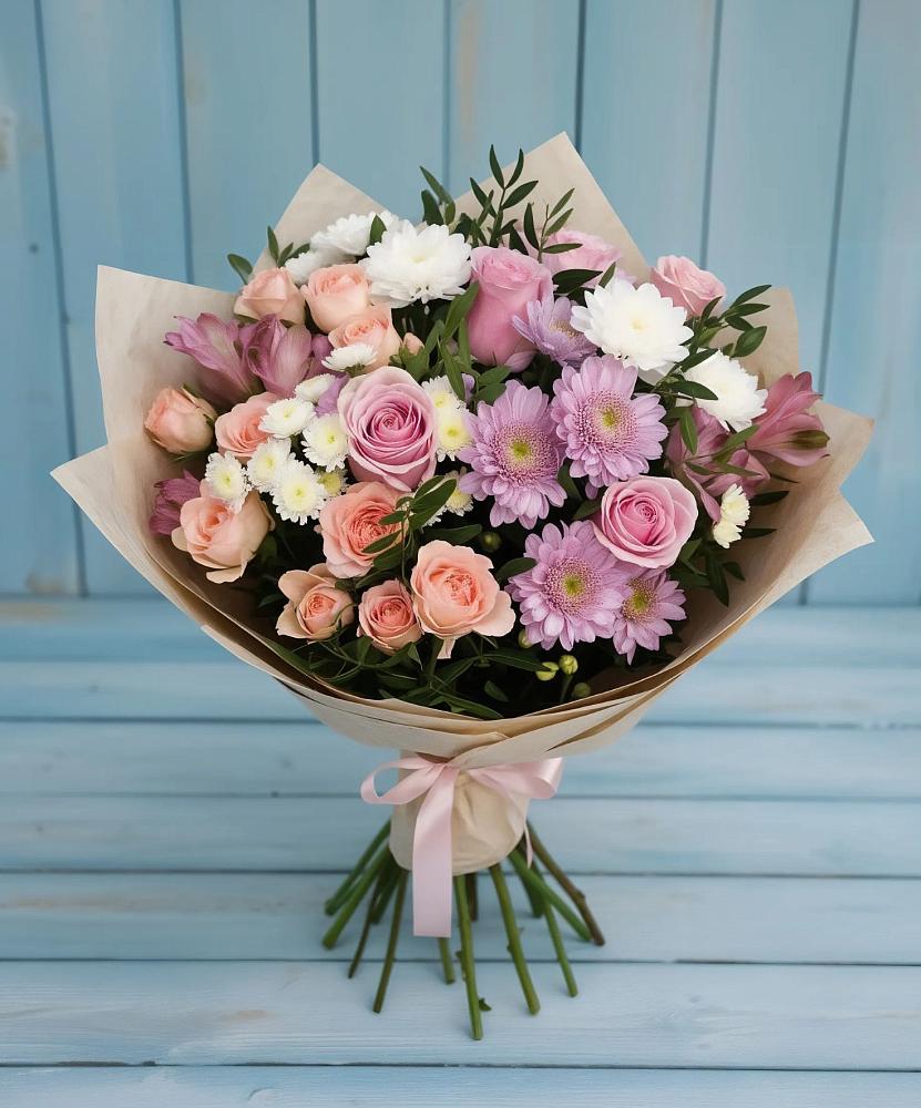 Букет цветов из: Хризантемы, Розы и Альстромерии в Хасанье