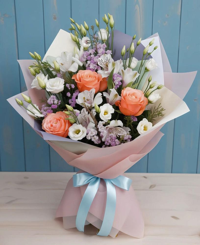 Букет цветов из: Лизиантусы, Розы, Альстромерии и Гипсофила в Хасанье