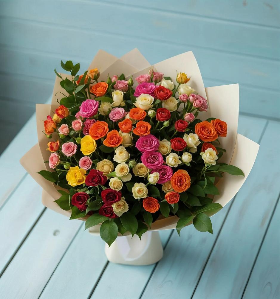 Букет Микс из разноцветных кустовых роз в Хасанье