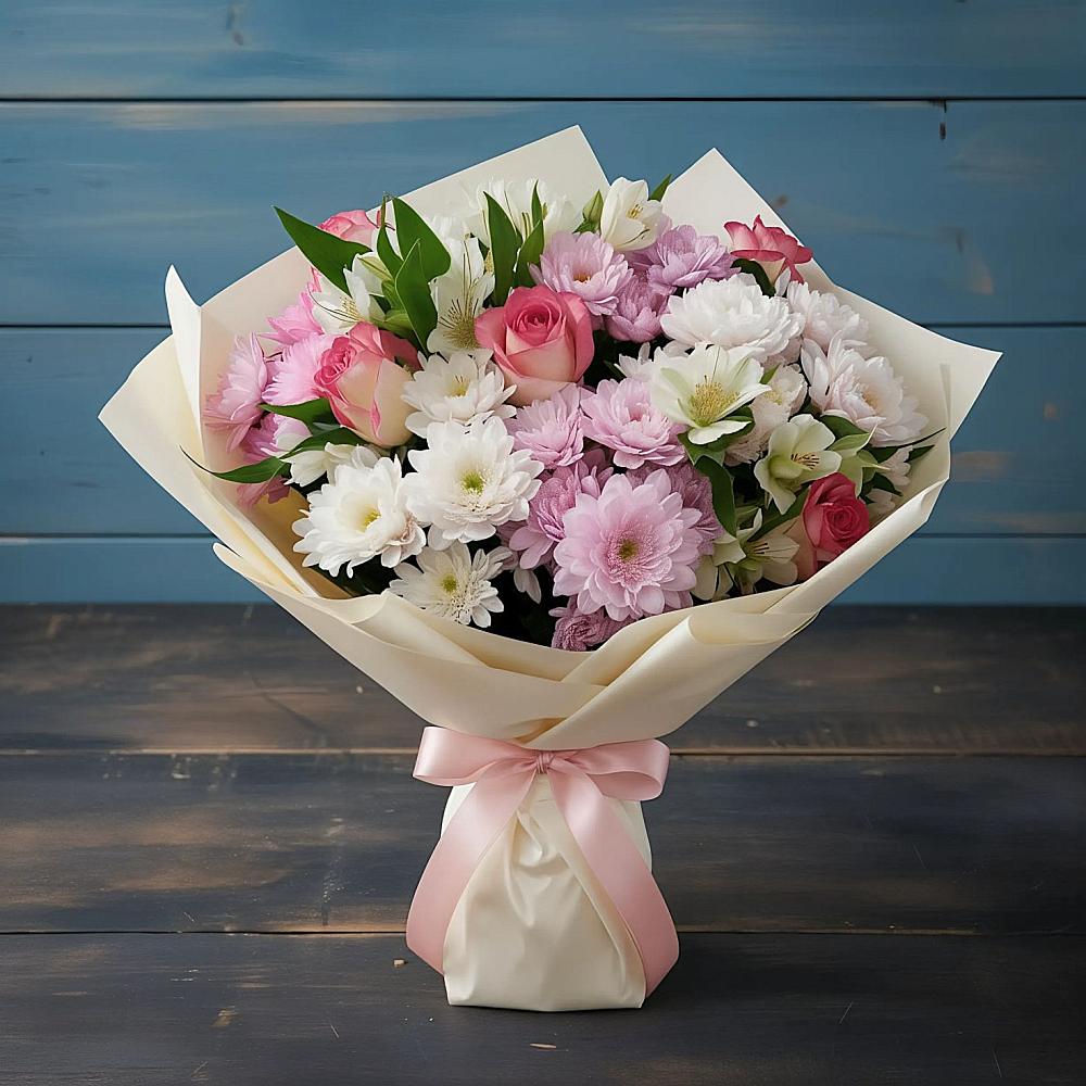 Букет цветов из: Хризантемы, Альстромерии и Розы в Хасанье